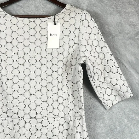 Leota Womens L Dot Luxe Jacquard Fit Flare Dress Ivory Black Scoop Back NWT